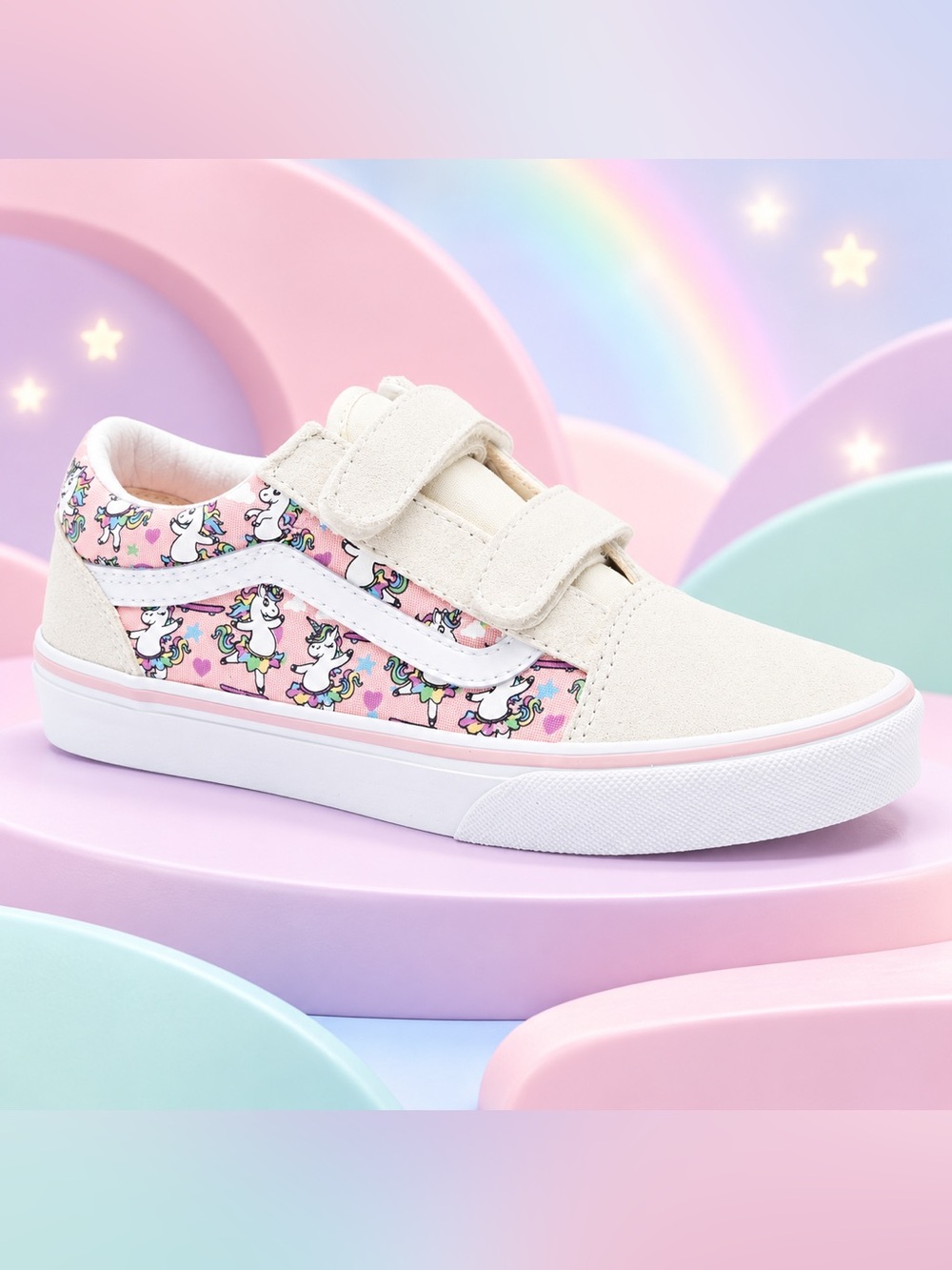 VANS Old Skool V Kids Unicorn Print Velcro Sneakers - Pink/Cream Size 2.5 NIB